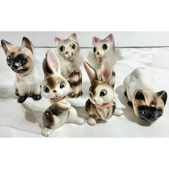 Vintage 6 Pc Lot Ceramic Kitty Bunny Cat Anthropomorphic Figurines 50’s 60’s